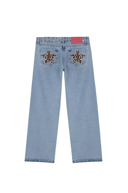 ONE DILEMMA Blue Five-Pointed Star High Waited Jeans Y2K Street Harajuku Baggy Jeans Women Clothing Casual Straight Denim Pants