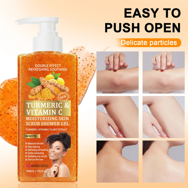 Amococo 2 Pcs Turmeric Vitamin C Body Scrub Shower Gel 500ml Brightening Exfoliating Wash for Uneven Skin Tone Dark Spots Fine Lines