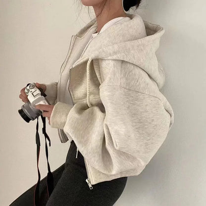 Korean Hood Shirt Women Fashion Fleece Lined Loose Hoodies Zipper Long Sleeve Crop Tops Harajuku Female Jackets Coats Sweatshirt