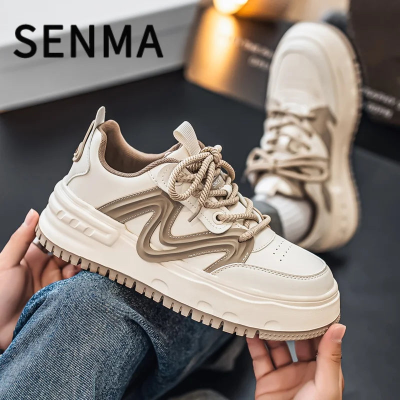 SENMA Comfortable Men's Shoes Street Fashion Art Board Shoes Thick Sole Low-Top Leather Casual Sneakers Tennis/Walking Sneakers