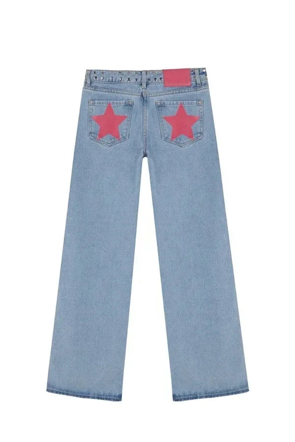 ONE DILEMMA Five-Pointed Star Print High Waited Jeans New Street Harajuku Baggy Jeans Women Clothing Casual Straight Denim Pants