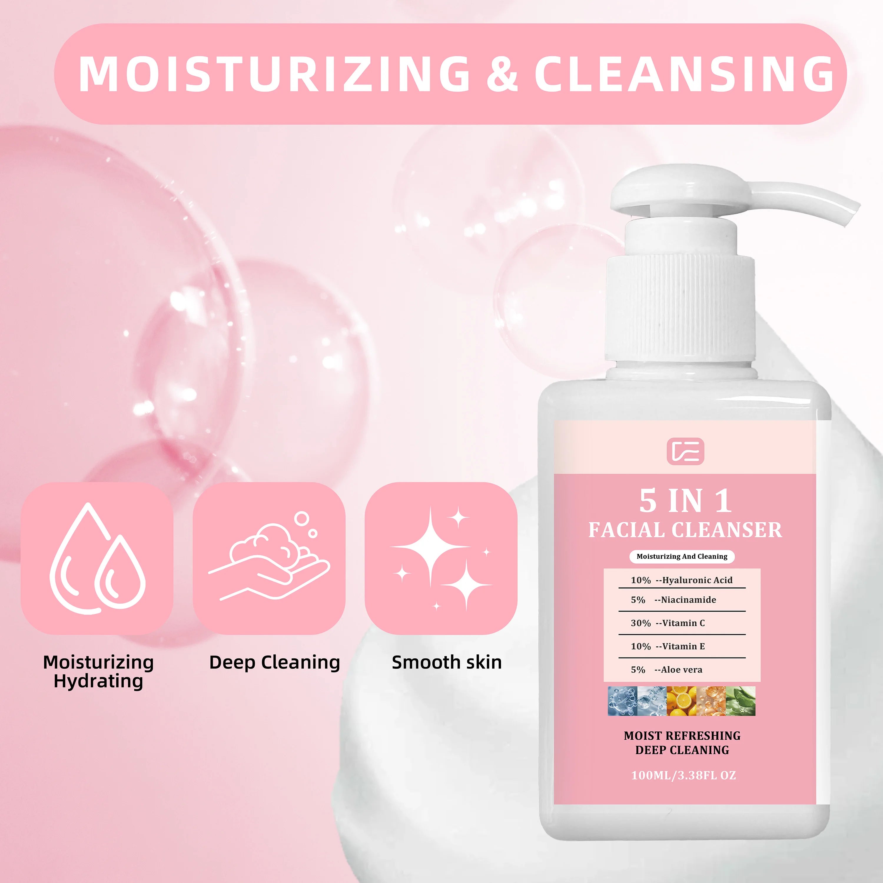 5-IN-1 Facial Cleanser 100ML/3.38FL OZ Gentle Non-Drying Hydrating Wash Normal/Oily/Combination Skin Face Lip Eye Makeup Remover