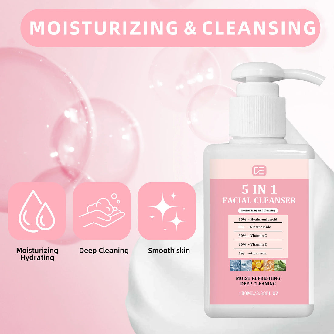 5-IN-1 Facial Cleanser 100ML/3.38FL OZ Gentle Non-Drying Hydrating Wash Normal/Oily/Combination Skin Face Lip Eye Makeup Remover