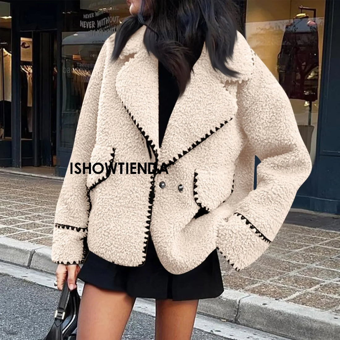 Autumn New Women's Coat Wear European And American Style Coat Casual Jackets One Piece Lamb Wool Contrast Color Plush Warm Jack