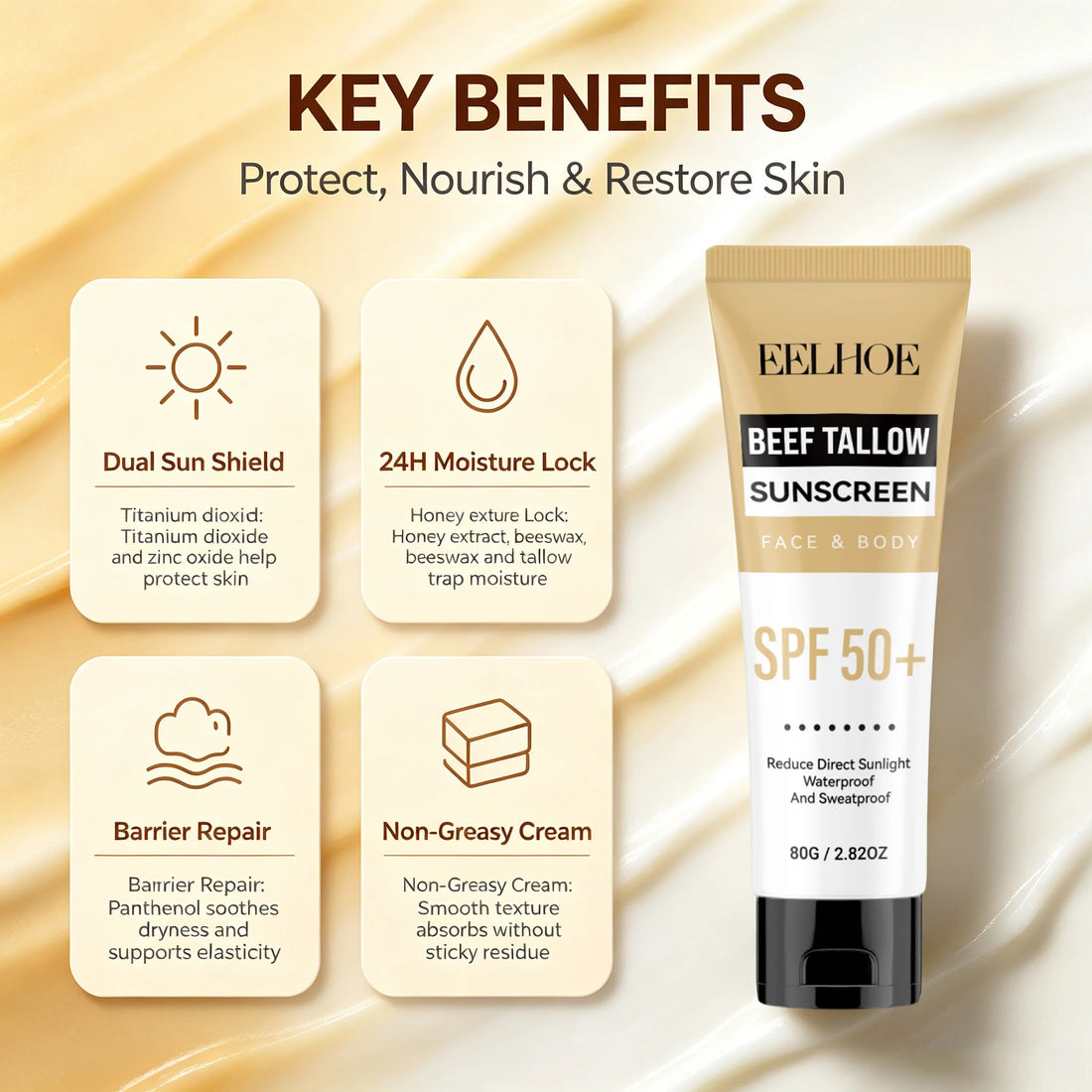 Beef Tallow Sunblock SPF 50 All-in-One Nourishing Body Protection Cream UV Shield Moisturizing Nourishing Sun Block Cream