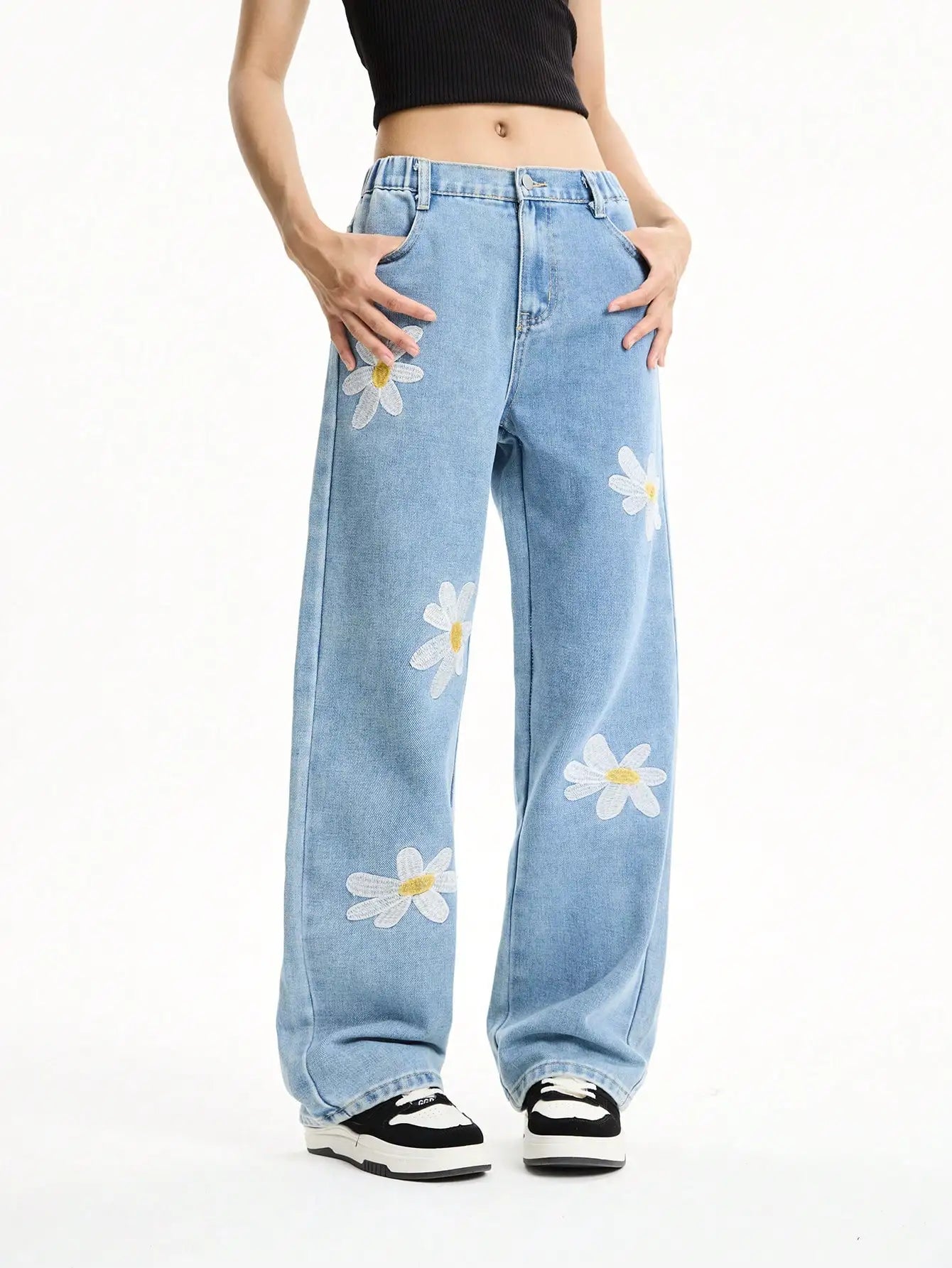 Middle and large girls youth college style loose wide-leg straight pants casual long versatile jeans
