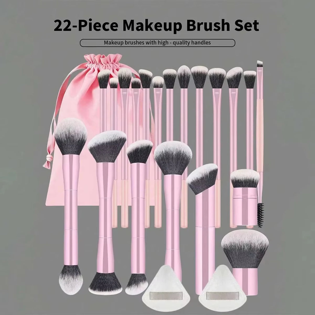 22-piece professional makeup tool set, including a velvet storage bag, 20 soft long aluminum tube  brushes + 2 powder puff