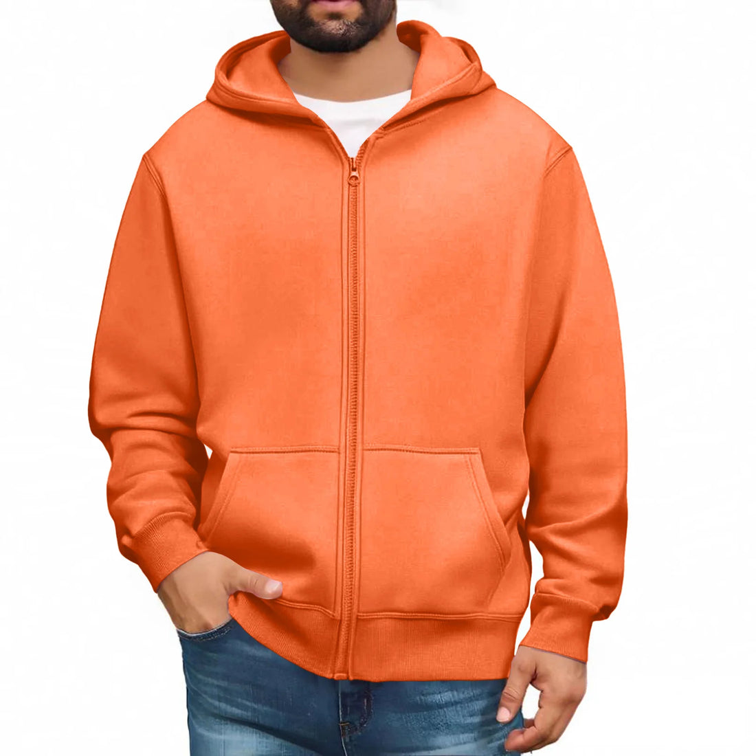Men zip up hoodie plain color casual streetwear pullover jacket soft cozy fashionable urban youth winter hooded sweatshirt