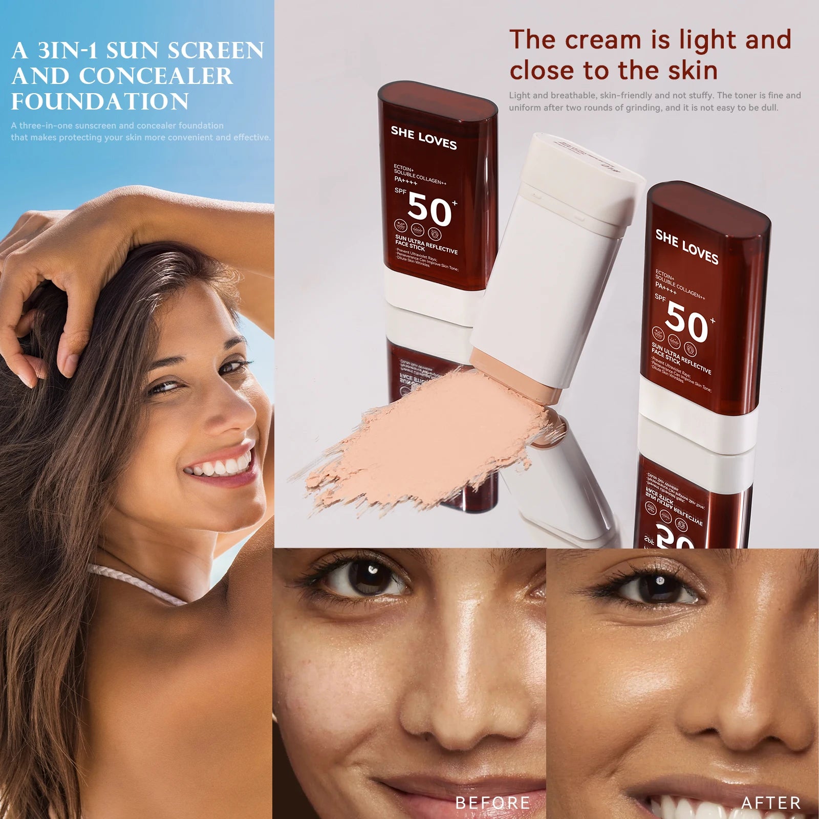 3-in-1 sunscreen concealer foundation cream, light in texture, covers flaws, and has a lasting makeup effect