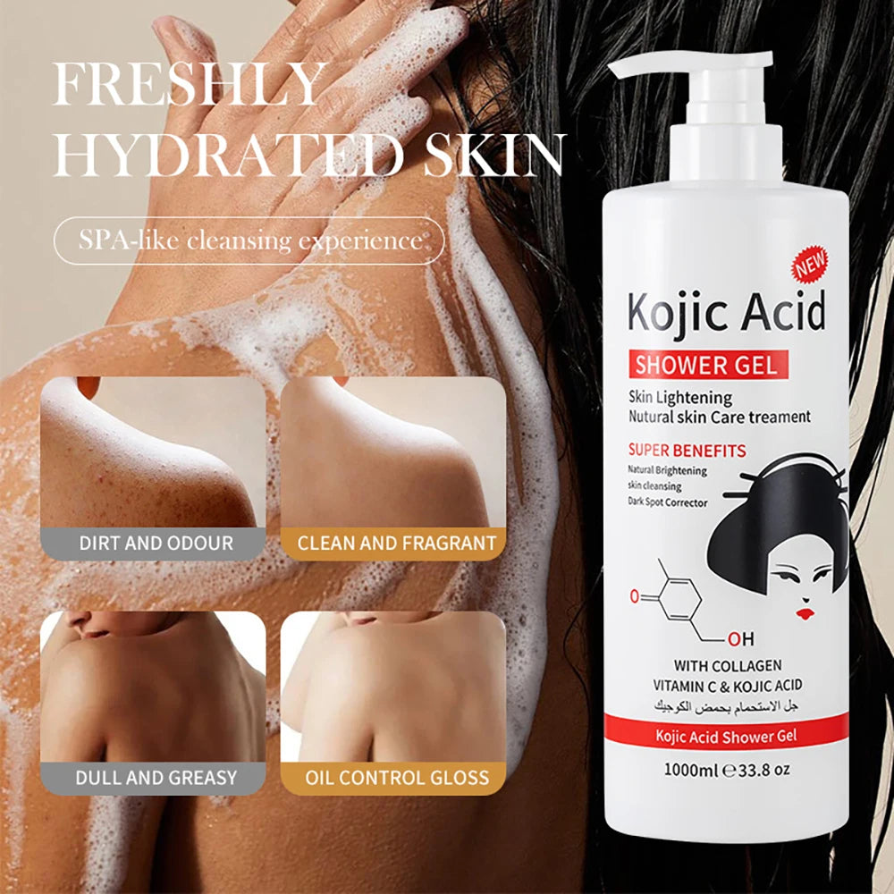 1000ml Kojic Acid Shower Gel Deep Cleansing Brighten Skin Body Wash Skin Whitening Exfoliator Body Care Moisturizing Skincare Halalzen