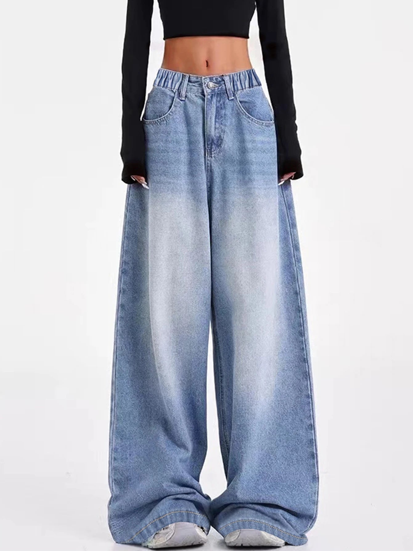 Vintage-washed blue American-style wide-leg straight-leg jeans for tween/teen girls – loose-fit, high-street casual long-length
