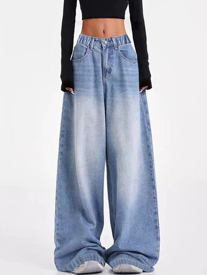 Vintage-washed blue American-style wide-leg straight-leg jeans for tween/teen girls – loose-fit, high-street casual long-length