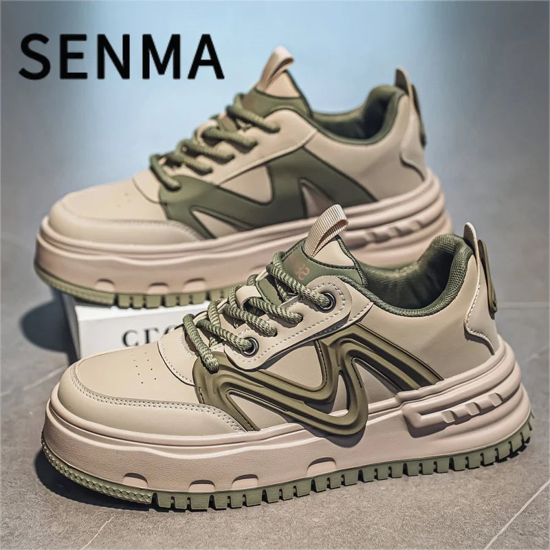 SENMA Comfortable Men's Shoes Street Fashion Art Board Shoes Thick Sole Low-Top Leather Casual Sneakers Tennis/Walking Sneakers