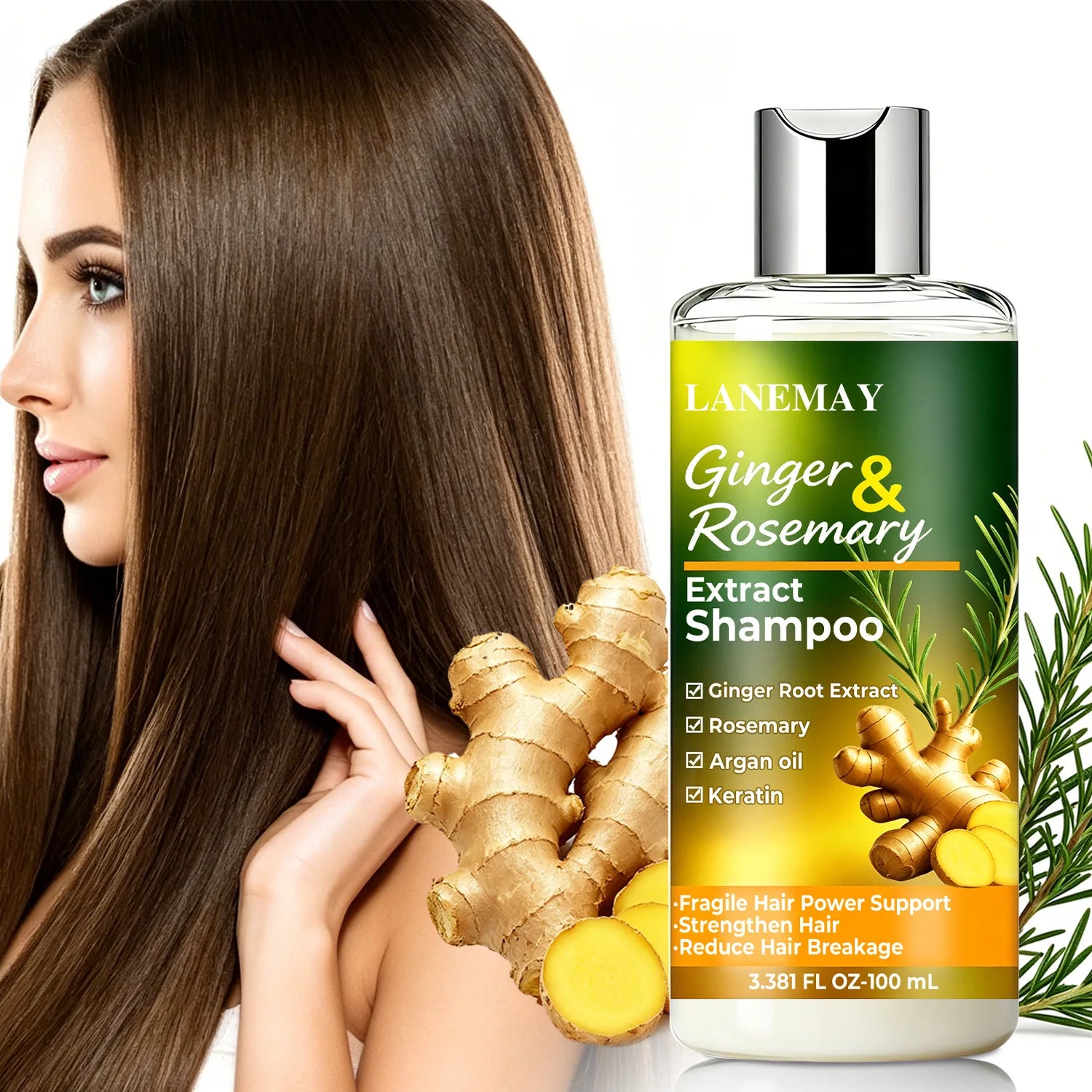 Ginger & Rosemary Extract Shampoo – Strengthen & Soften Fragile Hair Ideal for Daily Use to Maintain Strong, Manageable Locks