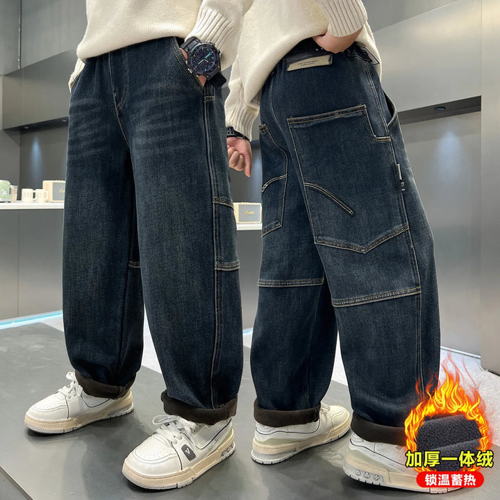 Boys Fleece Denim Pants with Back Pocket Teenager Boys Handsome Autumn Winter Warm Boys Thick Straight Leg Baggy Wide-leg Pants