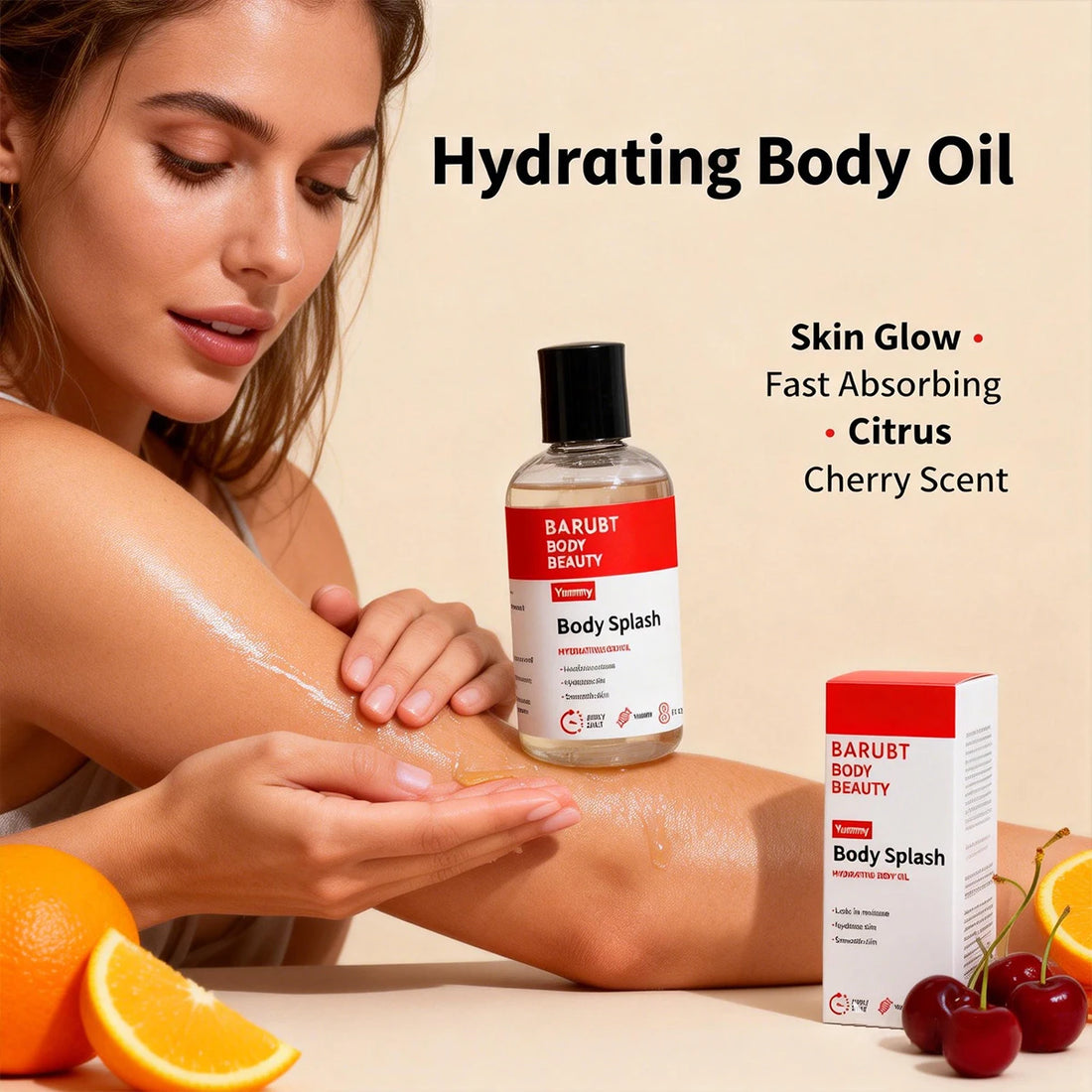 BARUBT body oil locks in moisture and moisturizes the skin, leaving it smooth and odorless