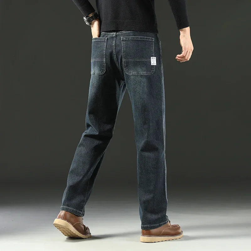 Classic Men's Blue Gray Jeans Fashionable Business Casual Loose Straight Stretch Casual Pants High Quality Fabric Trousers 40 42