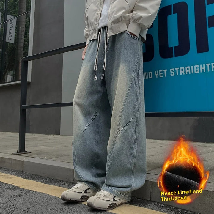 Neue Herren-Jeans mit Fleecefutter, weitem Bein, Vintage-Waschung, elastischer Bund mit Kordelzug, Größe 8XL, lockere Passform