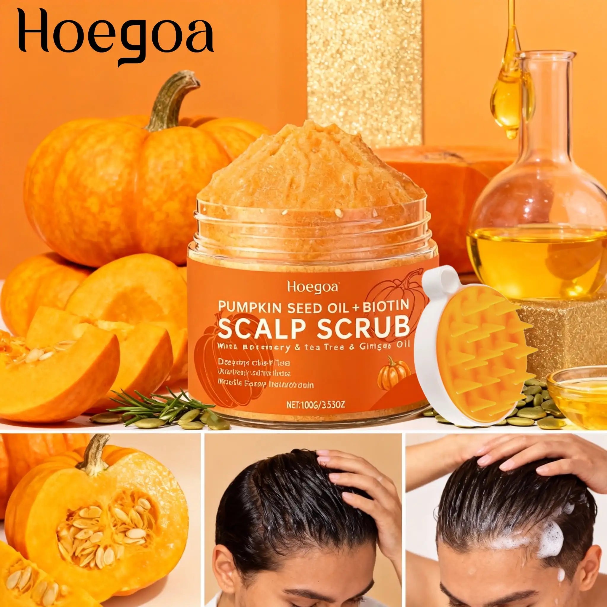 Pumpkin seeds Scalp Scrub Exfoliating Deep Cleansing Treatment For Improves Root Volume With Massage Brush Plant Essential Oils Halalzen