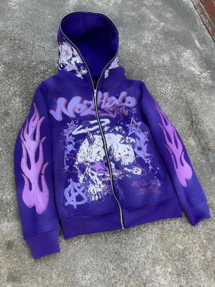 American retro Harajuku street dark hip-hop high street cartoon print zipper hoodie loose hoodie street trendsetters loose trend HALALZEN