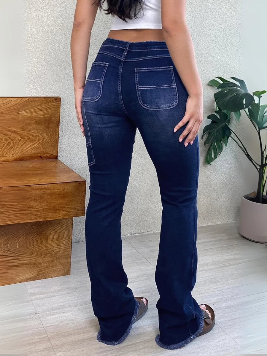 【HME】Women's Stretch Flare Jeans - Vintage Blue Denim Mid-Rise Slim Fit with Slant Pockets & Frayed Hem, No Belt Needed