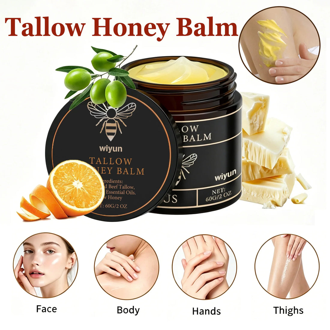Tallow Honey Balm Moisturizing Cream for Face Body Grass Fed Beef Tallow Balm Natural Deep Moisturizer Soft Soothing Skin