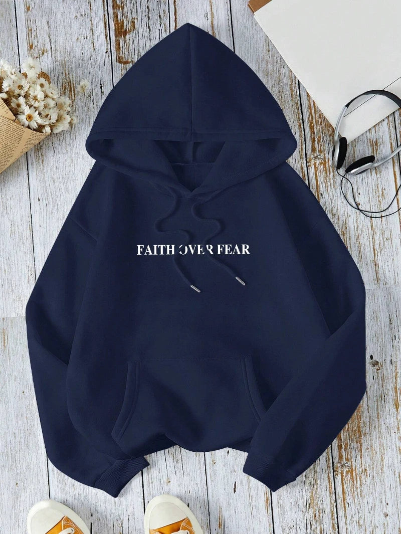Casual Women's Hoodies Faith Over Fear Letter Printing Sweatshirts Fleece Warm Comfortable Pocket Pullovers Autumn Streetwear