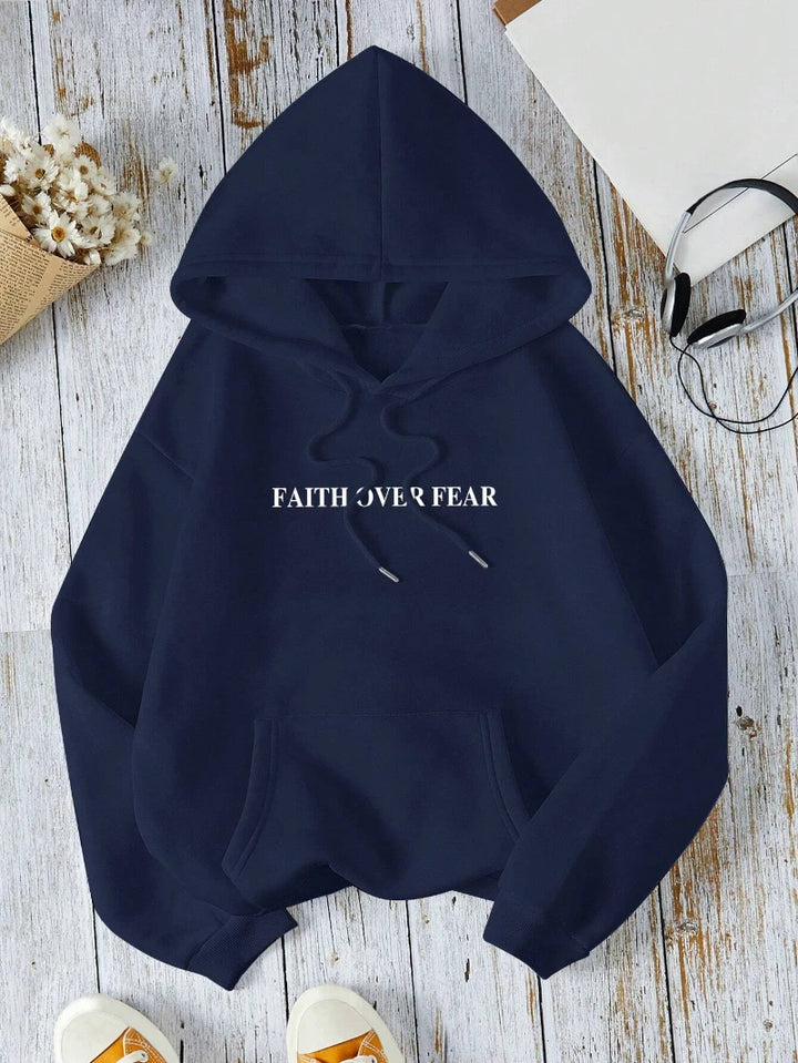 Casual Women's Hoodies Faith Over Fear Letter Printing Sweatshirts Fleece Warm Comfortable Pocket Pullovers Autumn Streetwear