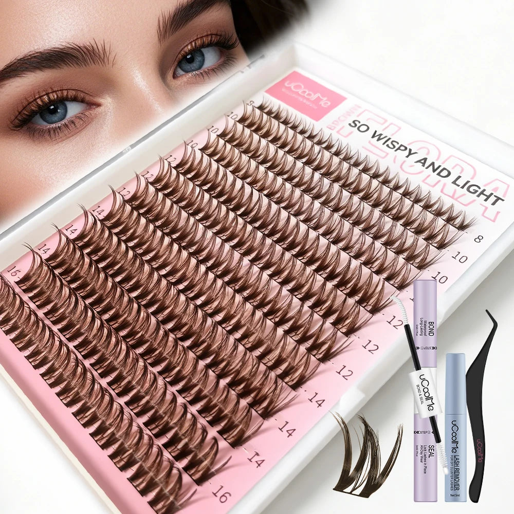 uCoolMe Lashes Brown Flora Long-lasting Waterproof Wispy Clusters Kit with Bond and Seal Remover Beginner Friendly Makeup Tool