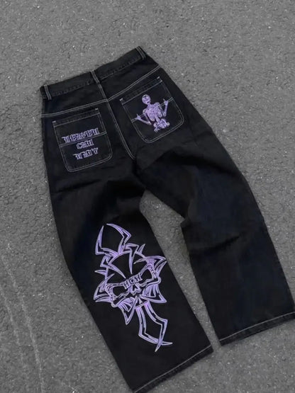 Vintage Jeans Y2K Clothes Men Women Gothic Hip Hop Pocket Embroidery Retro Blue Baggy Jeans High Waist Slim Fit Flare Trousers