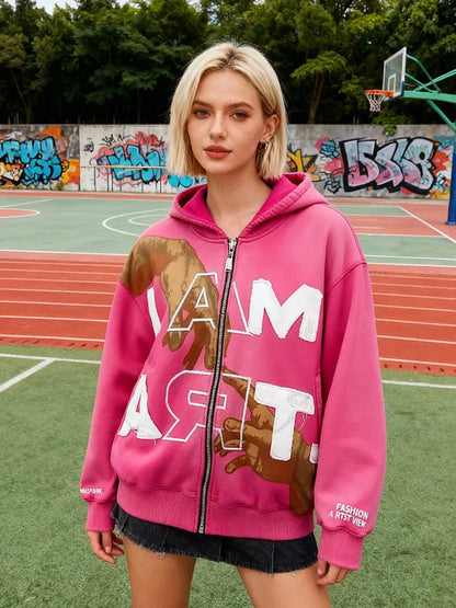 Y2K Fall Jackets for Women Oversize Letter Pattern Zip Up Hoodie Street Hip-hop Style Red Casual Jacket Unisex