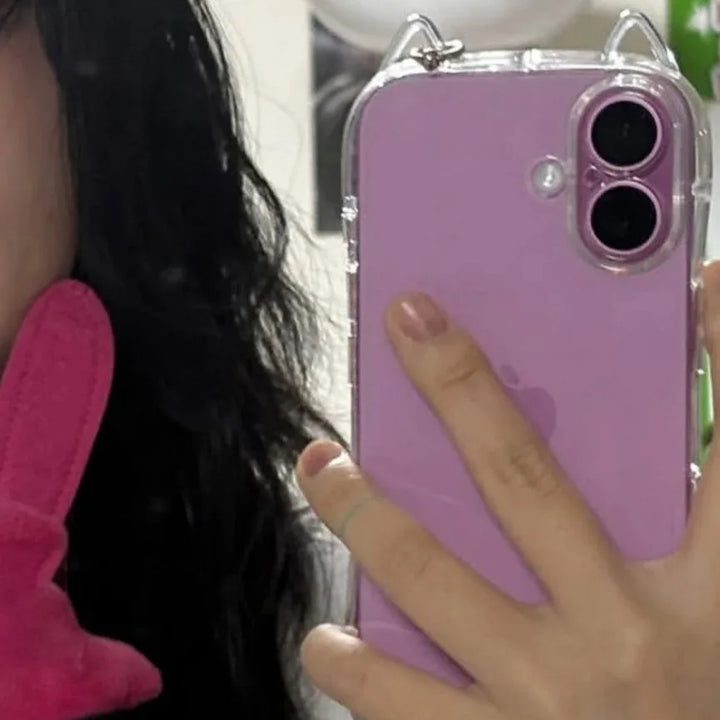 3D Oyma Sevimli Kedi Kulaklı Şeffaf Telefon Kılıfı iPhone 17 Air 16 15 14 13 12 11 17 Pro Max Plus X XR XS Hava Yastıklı Darbe Emici Kapak