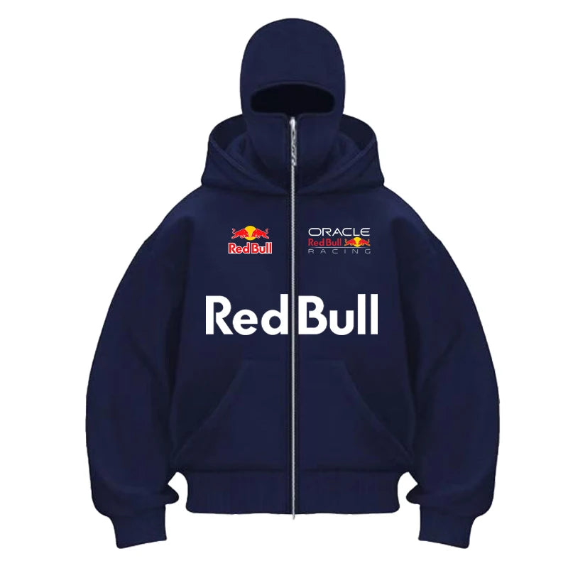 Red Bull Logo Winter Motorcycle Jacket Double Hat Design Loose Fit Windproof Hoodie Ninja Mask Sportswear Versatile Winter Outer