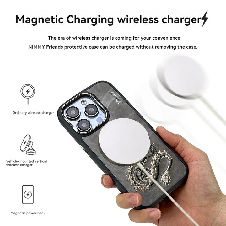 Dragon Phoenix 3D Embroidery Protective Case For iPhone 16 Pro Max Magnetic Wireless Charger Trend Original Fashion Cover