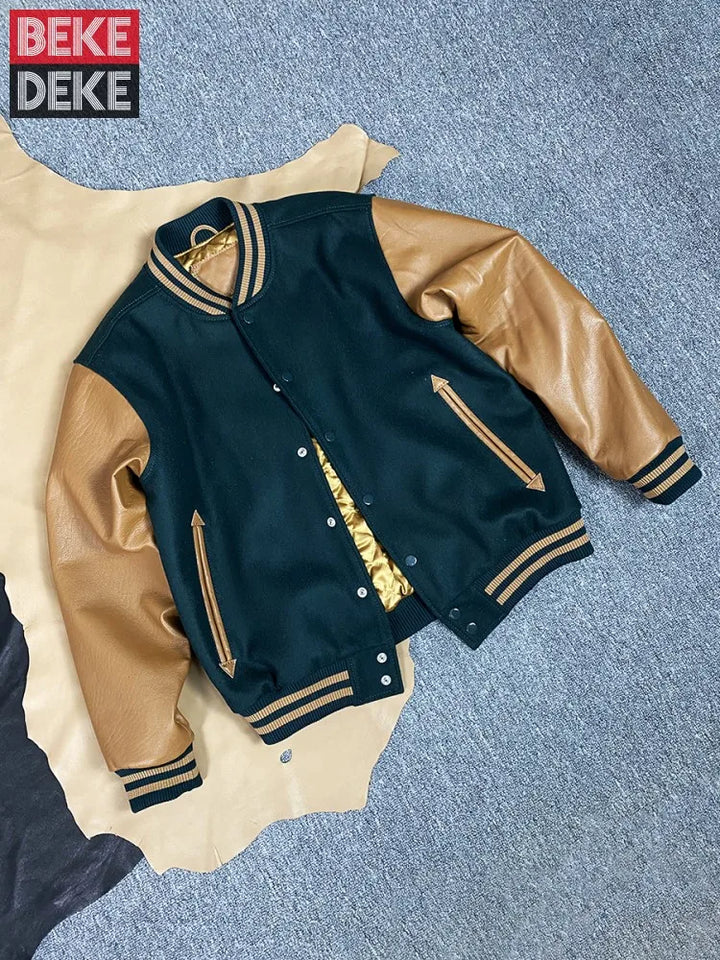 Mens Retro Autumn Winter Natural Sheepskin Patchwork Baseball Jacket Stand Collar Single Breasted Loose Fit Casual Outerwear