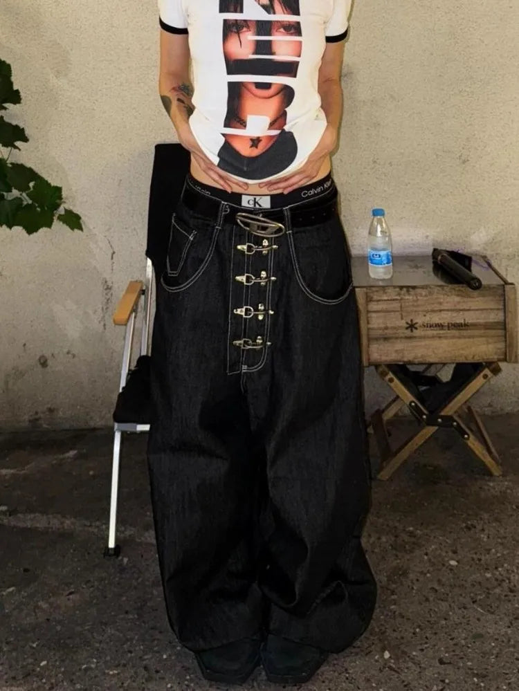 Women’s Metal Buckle Design Curved Wide-leg Jeans High Waist Straight Baggy Denim Pants Female Vintage Street Style Trouser