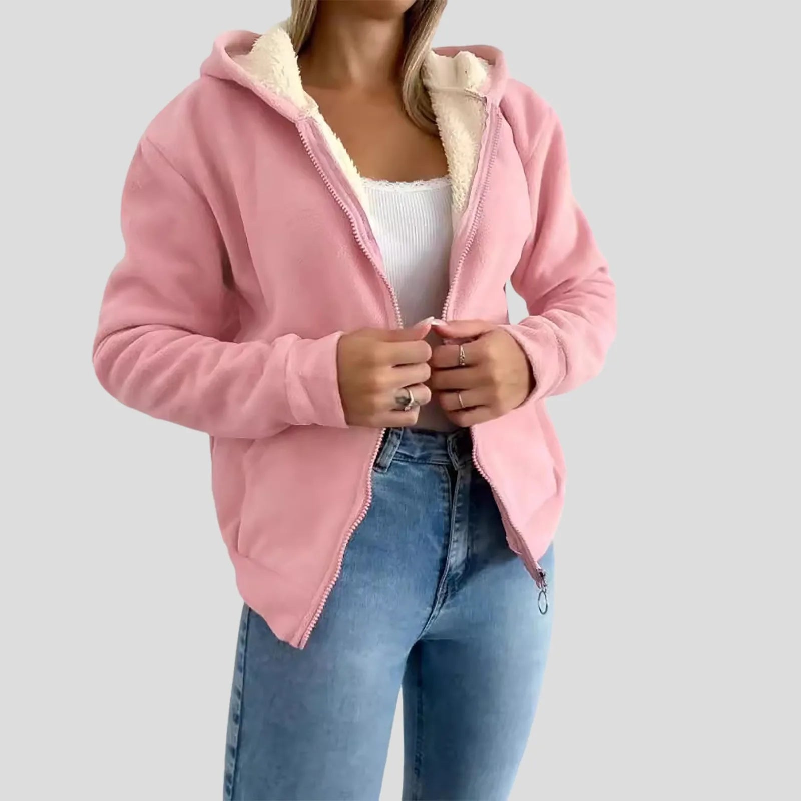 Women Fleece Jacket Trendy Zipper Hooded Fleece Coats Long Sleeve Caaual Loose Fall Winter Sweatshirt Outdoor Clothes Women