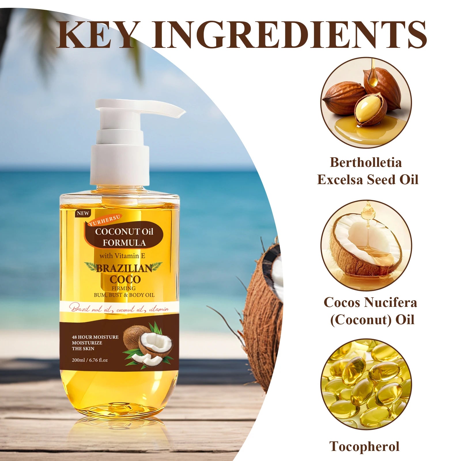 200ML Coconut Body Oil Firming Fade Fine Line Moisturizing Smooth Brightening Rejuvenating Repairing Nourishing Body Oil