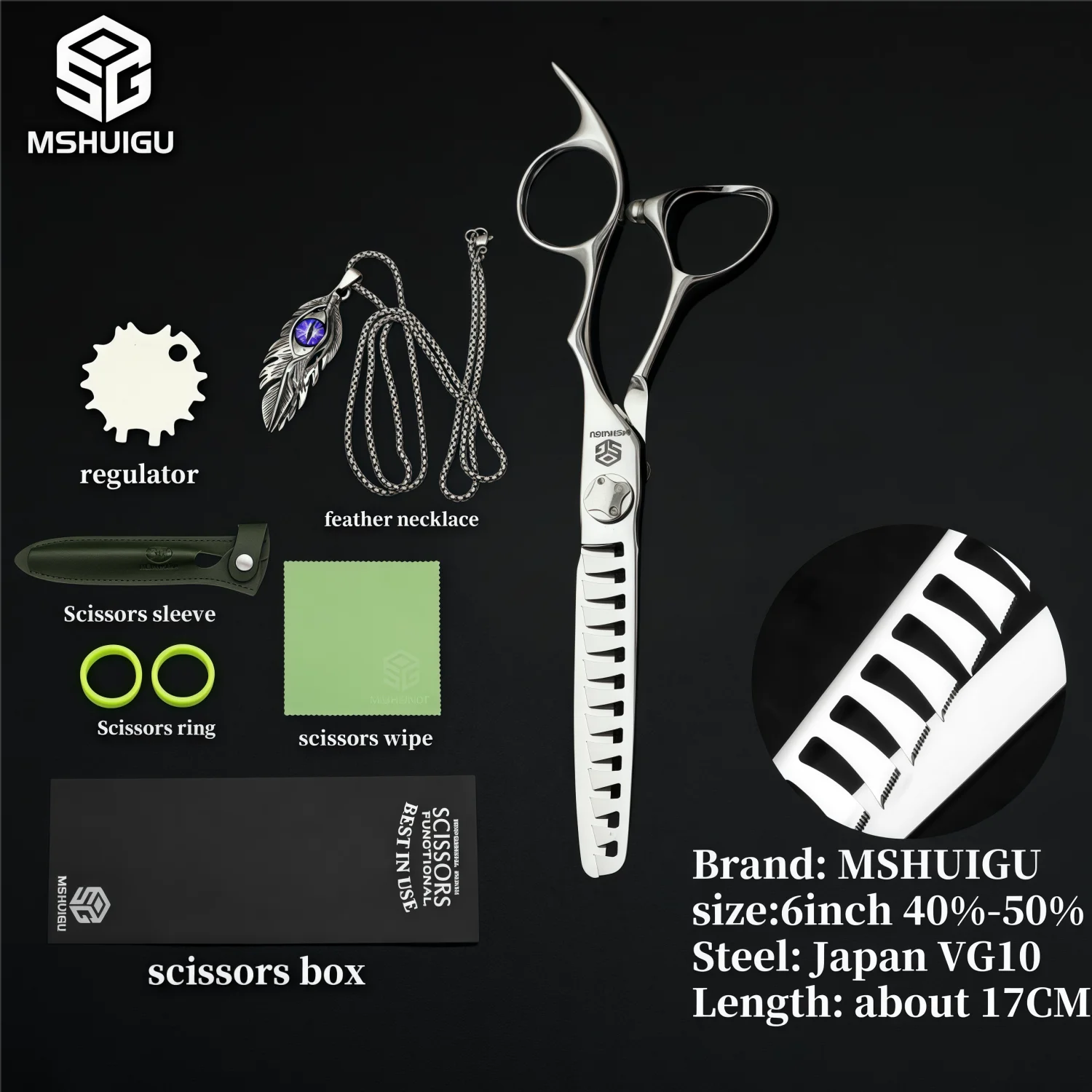 MSHUIGU 440C Professional Barber Scissors 6-7 Inch Laser Wire Serrated Blade Multi-Functional Thinning Hair Shears for Salon Too