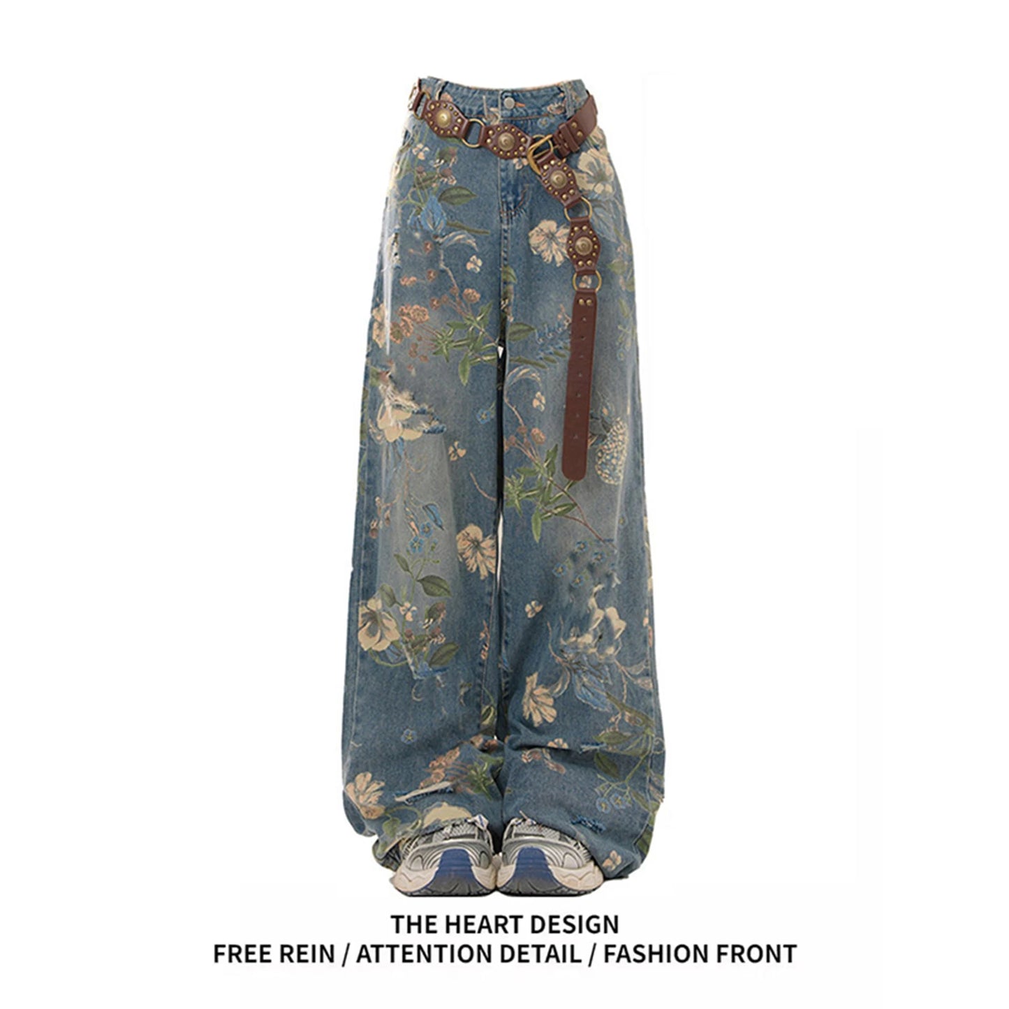 Y2K Women's Vintage Floral Print Distressed Wide Leg Jeans With Buckle Belt Streetwear Casual Denim Pants