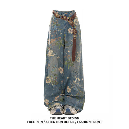 Y2K Women's Vintage Floral Print Distressed Wide Leg Jeans With Buckle Belt Streetwear Casual Denim Pants