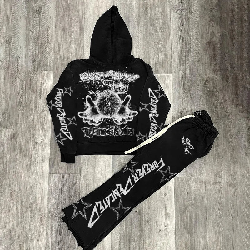 Autumn/Winter Y2K Hoodie Suit Flared Trousers Oversized Men's clothing Fashion Trend High Street Pants Casual Oversized Sets