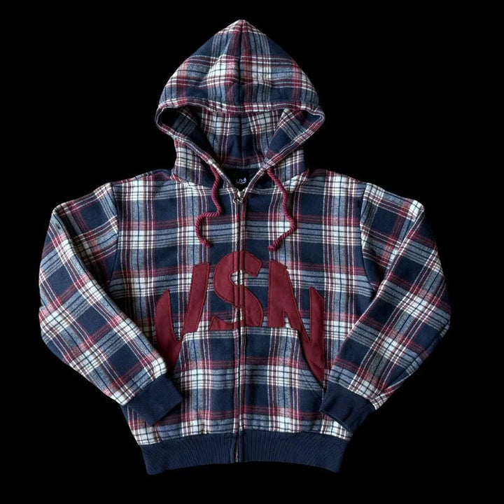 American retro fashion plaid embroidered hooded sweatshirt for men and women, loose casual zipper cardigan on the street
