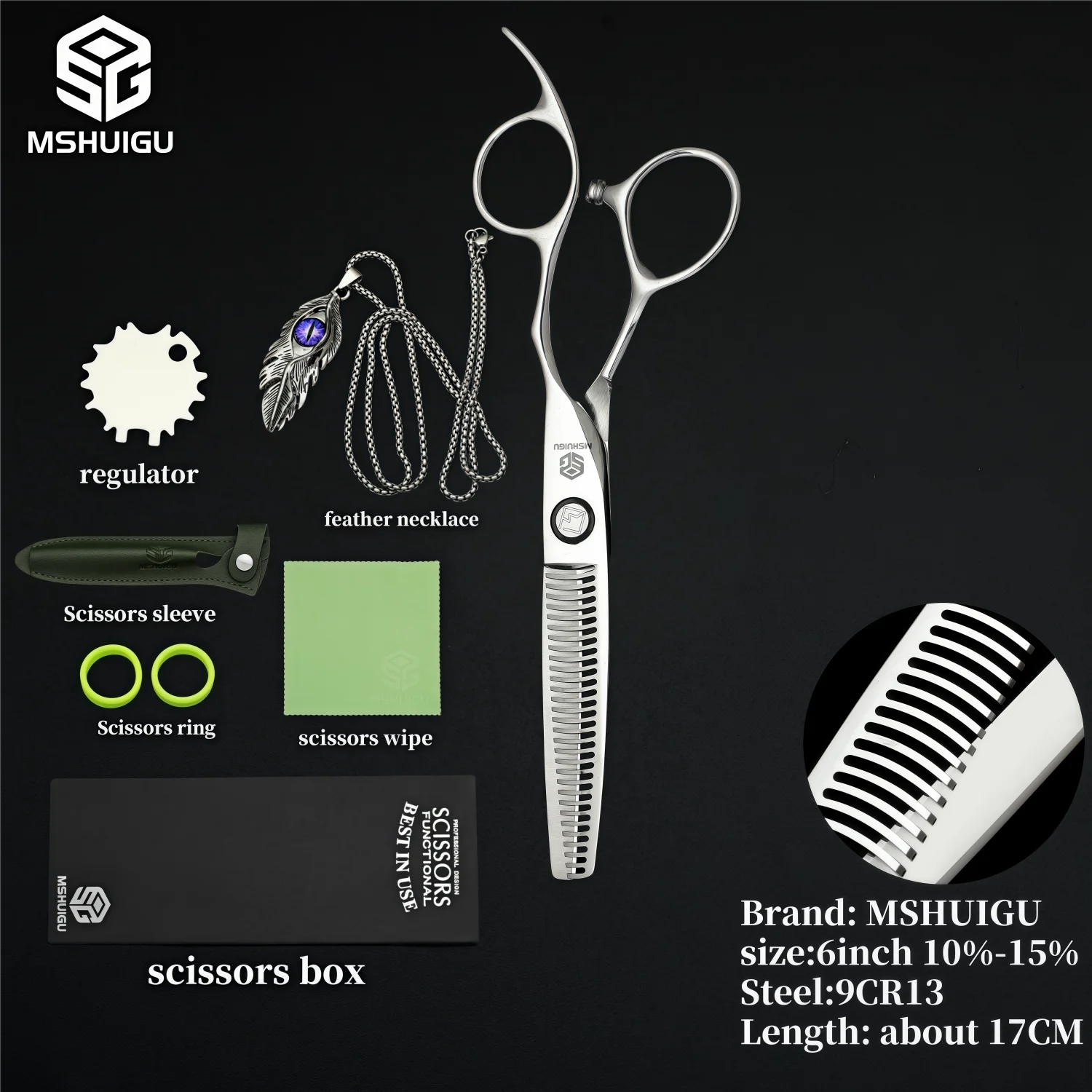 MSHUIGU 440C Professional Barber Scissors 6-7 Inch Laser Wire Serrated Blade Multi-Functional Thinning Hair Shears for Salon Too