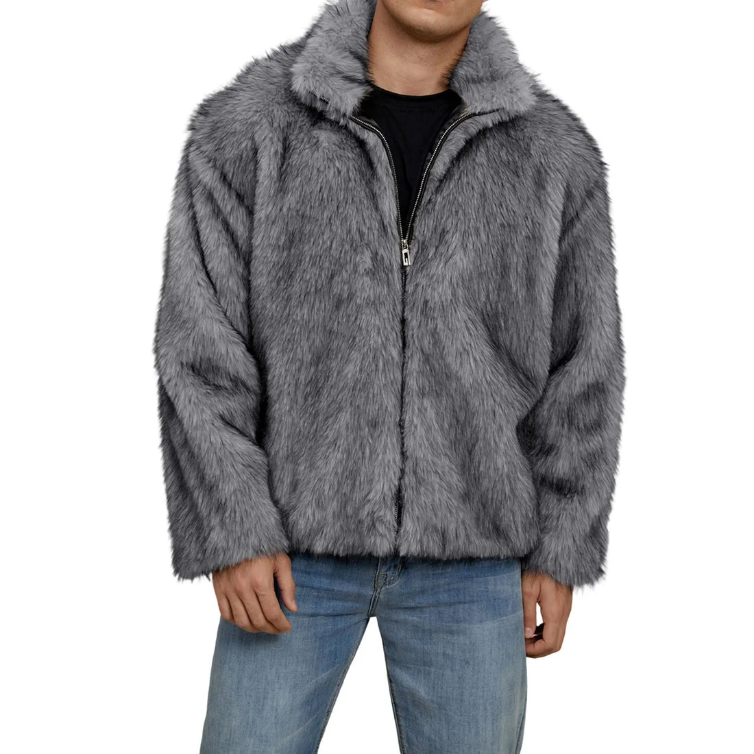 Men s Faux Fur Jacket Winter Thick Long Sleeve Stand Collar Loose Zip Up Coat Overcoat Warm Outwear Windbreaker Coat