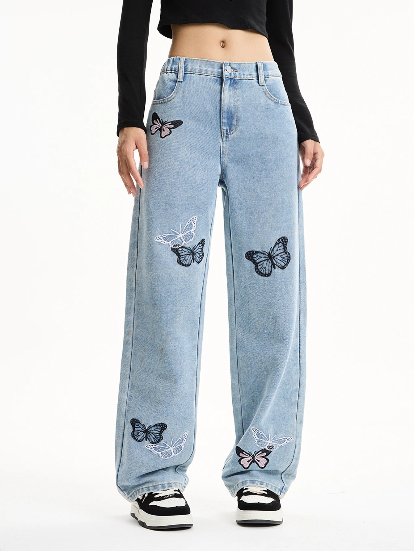 Medium and large girls teenager butterfly print loose wide-leg straight pants casual long versatile jeans