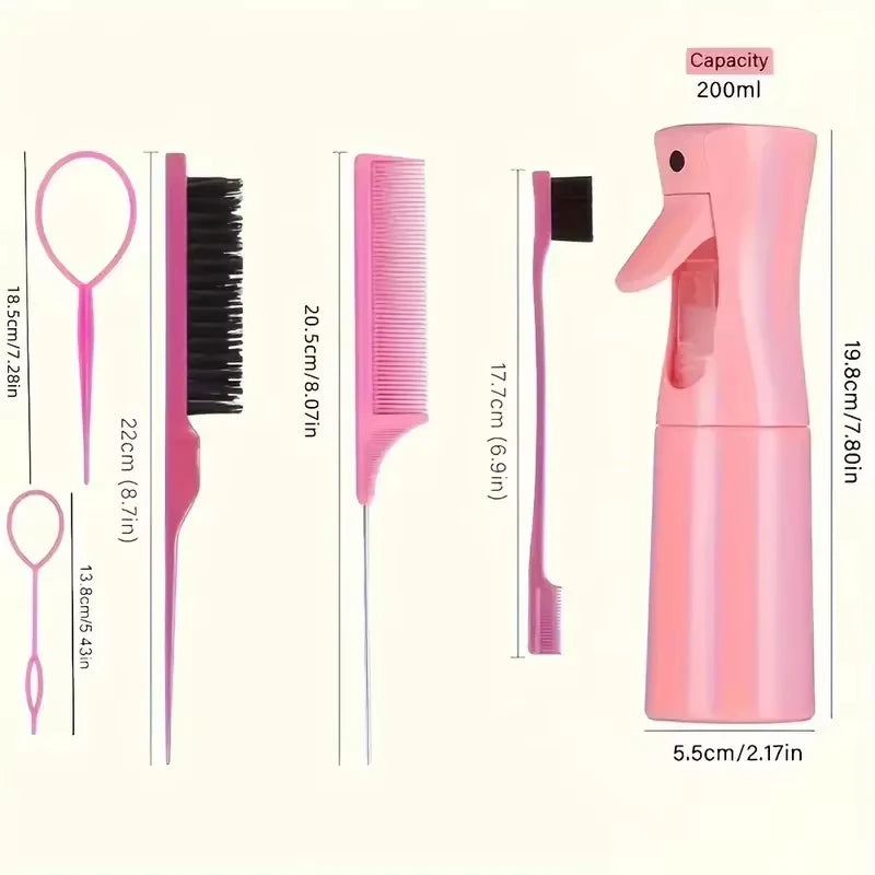 6pcs/Set Professional Hairdressing Hair Brush Set with Spray Bottle Rat Tail Comb Teasing Brush Edge Control for Styling
