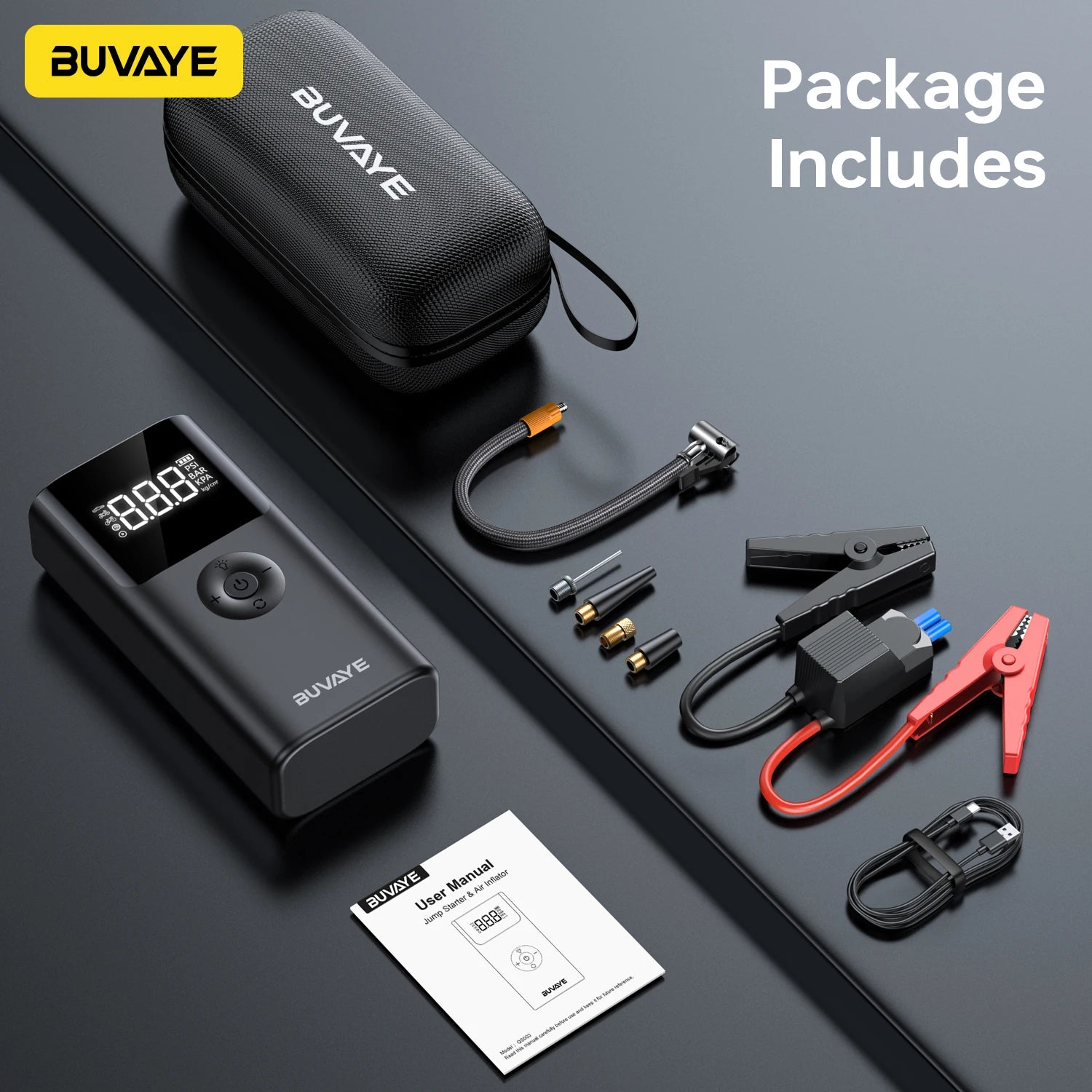 BUVAYE 4 In 1 2500A Portable Jump Starter Power Bank 150PSI Air Pump Booster Car Battery 12V Car Battery Starter Powerbank