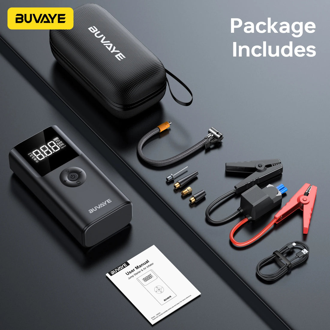 BUVAYE 4 In 1 2500A Portable Jump Starter Power Bank 150PSI Air Pump Booster Car Battery 12V Car Battery Starter Powerbank