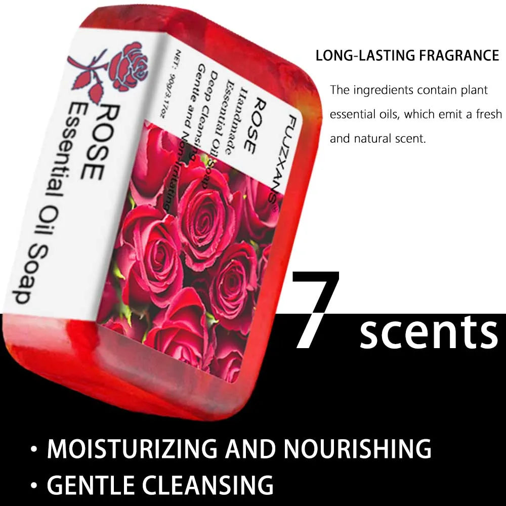 90g FUJZXANS Handmade Essential Oil Soap Bars - Rose, Jasmine, Green Tea, Calendula, Osmanthus, Lavender, Lemon - 7 Long-Lasting Halalzen
